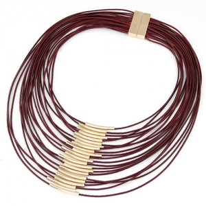 Golden Pipes Decoration Design Multi-layer Wax Rope Fashion Necklace - Wine Red