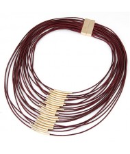 Golden Pipes Decoration Design Multi-layer Wax Rope Fashion Necklace - Wine Red