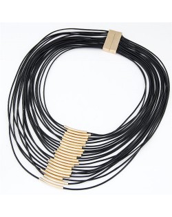 Golden Pipes Decoration Design Multi-layer Wax Rope Fashion Necklace - Black