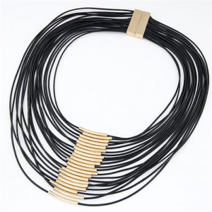 Golden Pipes Decoration Design Multi-layer Wax Rope Fashion Necklace - Black