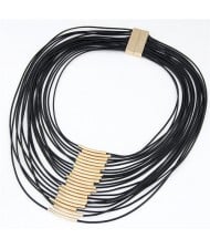 Golden Pipes Decoration Design Multi-layer Wax Rope Fashion Necklace - Black
