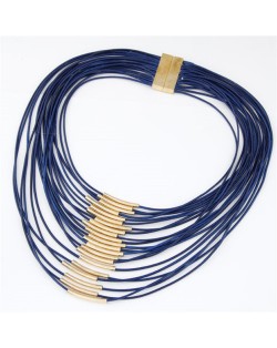 Golden Pipes Decoration Design Multi-layer Wax Rope Fashion Necklace - Blue