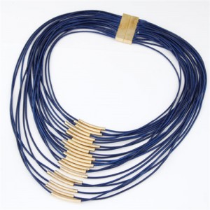 Golden Pipes Decoration Design Multi-layer Wax Rope Fashion Necklace - Blue