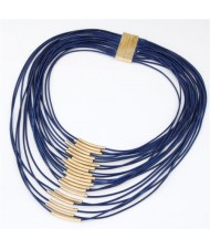 Golden Pipes Decoration Design Multi-layer Wax Rope Fashion Necklace - Blue