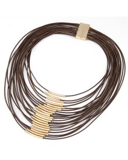 Golden Pipes Decoration Design Multi-layer Wax Rope Fashion Necklace - Coffee