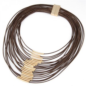 Golden Pipes Decoration Design Multi-layer Wax Rope Fashion Necklace - Coffee