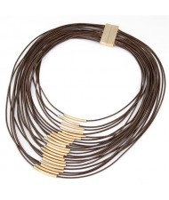 Golden Pipes Decoration Design Multi-layer Wax Rope Fashion Necklace - Coffee