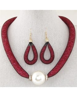 Elegant Big Pearl Pendant Design Stardust Fashion Necklace and Earrings Set - Red