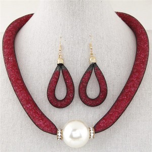 Elegant Big Pearl Pendant Design Stardust Fashion Necklace and Earrings Set - Red