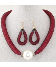 Elegant Big Pearl Pendant Design Stardust Fashion Necklace and Earrings Set - Red