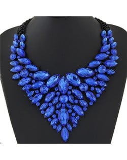 Splendid Glittering Resin Gems Combined Floral Statement Fashion Necklace - Blue