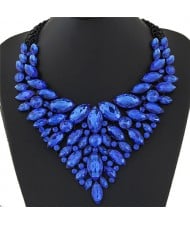 Splendid Glittering Resin Gems Combined Floral Statement Fashion Necklace - Blue