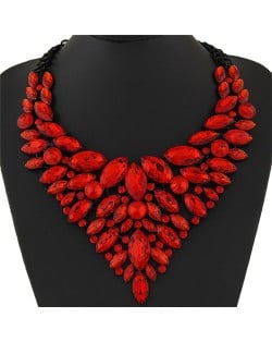 Splendid Glittering Resin Gems Combined Floral Statement Fashion Necklace - Red
