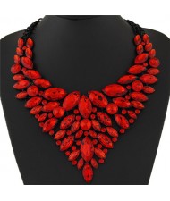 Splendid Glittering Resin Gems Combined Floral Statement Fashion Necklace - Red