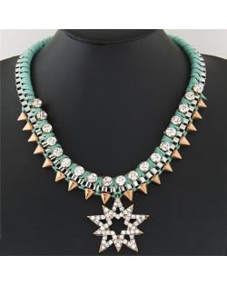 Rhinestone Inlaid Lucky Star Pendant with Rivets Design Rope Weaving Style Statement Fashion Necklace - Green