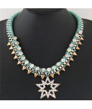 Rhinestone Inlaid Lucky Star Pendant with Rivets Design Rope Weaving Style Statement Fashion Necklace - Green