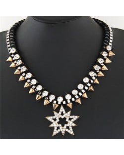 Rhinestone Inlaid Lucky Star Pendant with Rivets Design Rope Weaving Style Statement Fashion Necklace - Black