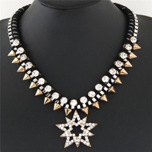 Rhinestone Inlaid Lucky Star Pendant with Rivets Design Rope Weaving Style Statement Fashion Necklace - Black