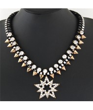 Rhinestone Inlaid Lucky Star Pendant with Rivets Design Rope Weaving Style Statement Fashion Necklace - Black