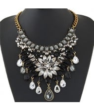 Shining Gems Mingled Floral and Waterdrops Statement Fashion Necklace - Black