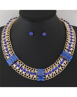 Rhinestone Inlaid Bars Sectional Design Thick Style Statement Fashion Necklace - Blue