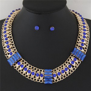 Rhinestone Inlaid Bars Sectional Design Thick Style Statement Fashion Necklace - Blue
