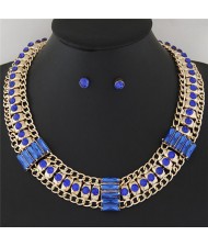 Rhinestone Inlaid Bars Sectional Design Thick Style Statement Fashion Necklace - Blue