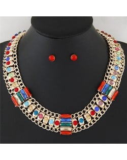 Rhinestone Inlaid Bars Sectional Design Thick Style Statement Fashion Necklace - Multicolor
