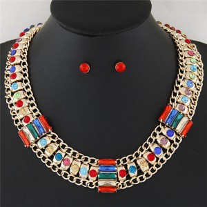 Rhinestone Inlaid Bars Sectional Design Thick Style Statement Fashion Necklace - Multicolor
