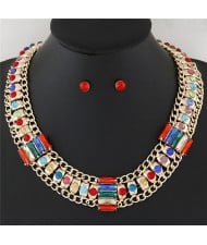 Rhinestone Inlaid Bars Sectional Design Thick Style Statement Fashion Necklace - Multicolor