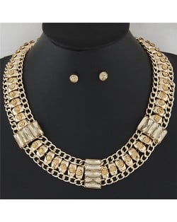 Rhinestone Inlaid Bars Sectional Design Thick Style Statement Fashion Necklace - Golden