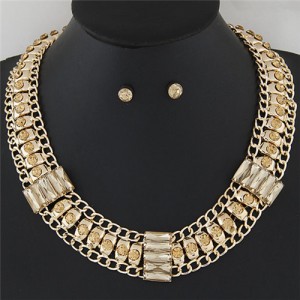 Rhinestone Inlaid Bars Sectional Design Thick Style Statement Fashion Necklace - Golden