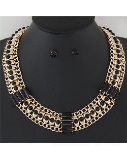 Rhinestone Inlaid Bars Sectional Design Thick Style Statement Fashion Necklace - Black