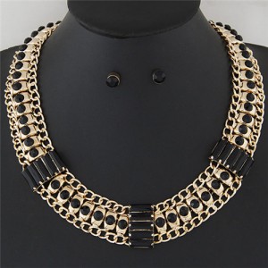 Rhinestone Inlaid Bars Sectional Design Thick Style Statement Fashion Necklace - Black