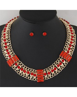 Rhinestone Inlaid Bars Sectional Design Thick Style Statement Fashion Necklace - Red