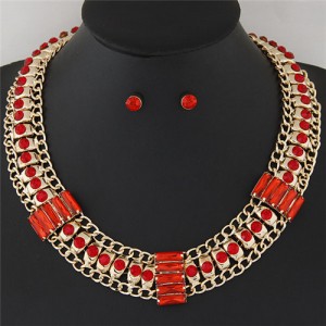 Rhinestone Inlaid Bars Sectional Design Thick Style Statement Fashion Necklace - Red