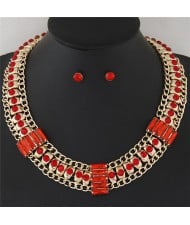Rhinestone Inlaid Bars Sectional Design Thick Style Statement Fashion Necklace - Red