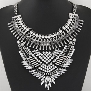 Rhinestone Inlaid Luxurious Floral and Leaves Complex Design Short Fashion Necklace - Silver