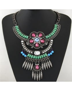 Resin Gems and Rhinestone Decorated Ethnic Flowers with Waterdrops Design Fashion Necklace - Green