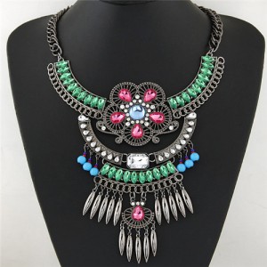 Resin Gems and Rhinestone Decorated Ethnic Flowers with Waterdrops Design Fashion Necklace - Green