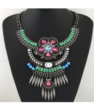Resin Gems and Rhinestone Decorated Ethnic Flowers with Waterdrops Design Fashion Necklace - Green