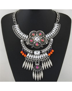 Resin Gems and Rhinestone Decorated Ethnic Flowers with Waterdrops Design Fashion Necklace - Transparent