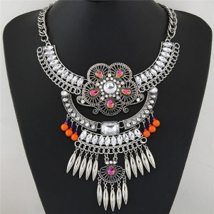 Resin Gems and Rhinestone Decorated Ethnic Flowers with Waterdrops Design Fashion Necklace - Transparent