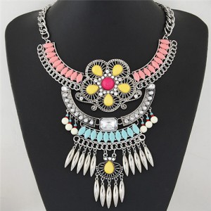 Resin Gems and Rhinestone Decorated Ethnic Flowers with Waterdrops Design Fashion Necklace - Pink
