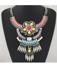 Resin Gems and Rhinestone Decorated Ethnic Flowers with Waterdrops Design Fashion Necklace - Pink