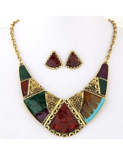 Vintage Ethnic Assorted Floral Patterns Combo Design Arch Pendant Fashion Necklace and Earrings Set