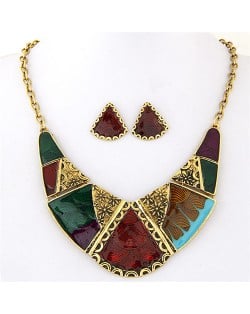 Vintage Ethnic Assorted Floral Patterns Combo Design Arch Pendant Fashion Necklace and Earrings Set