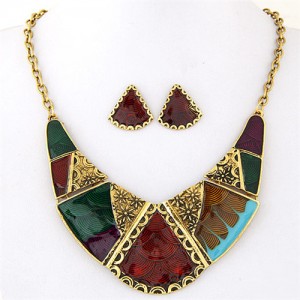 Vintage Ethnic Assorted Floral Patterns Combo Design Arch Pendant Fashion Necklace and Earrings Set