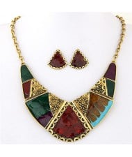 Vintage Ethnic Assorted Floral Patterns Combo Design Arch Pendant Fashion Necklace and Earrings Set
