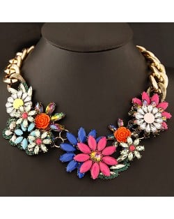 Luxurious Gems Mingled Wealthy Flowers Pendants Thick Golden Chain Costume Necklace - Rose and Blue